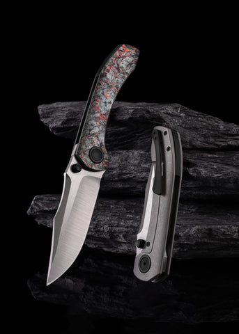 Brian Brown Knives Raptor - St. Nick's Knives Exclusive - M390 Steel - Fat Carbon Red Dark Matter Front Scale - Titanium Handle