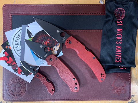 BWeiss Leather Leather Work Mat Combo - St. Nick's Exclusive - Spyderco Jester, Para 3 Lightweight, and Native Chief